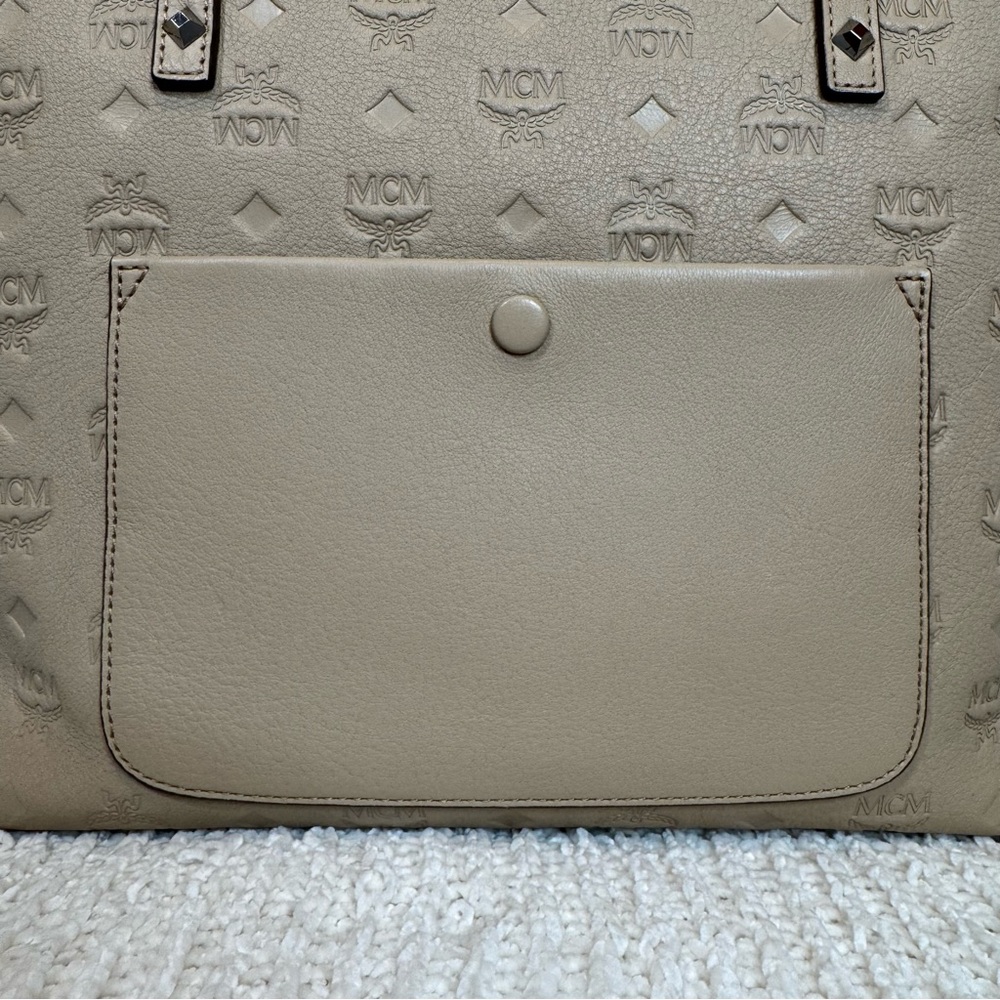 MCM Beige/Tan Logo Embossed Leather Tote - Picture 3 of 14